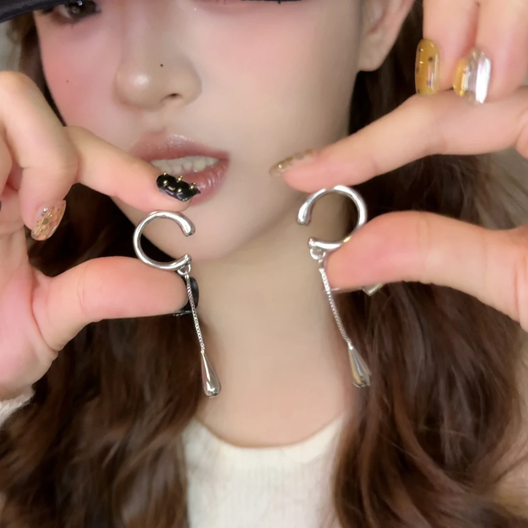 铜合金耳饰 ins冷淡风百搭简约长款流苏链条水滴无耳洞耳骨夹