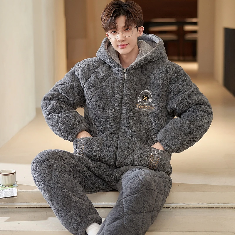 冬季超厚睡衣男珊瑚绒三层夹棉拉链可外穿大码家居服保暖连帽套装