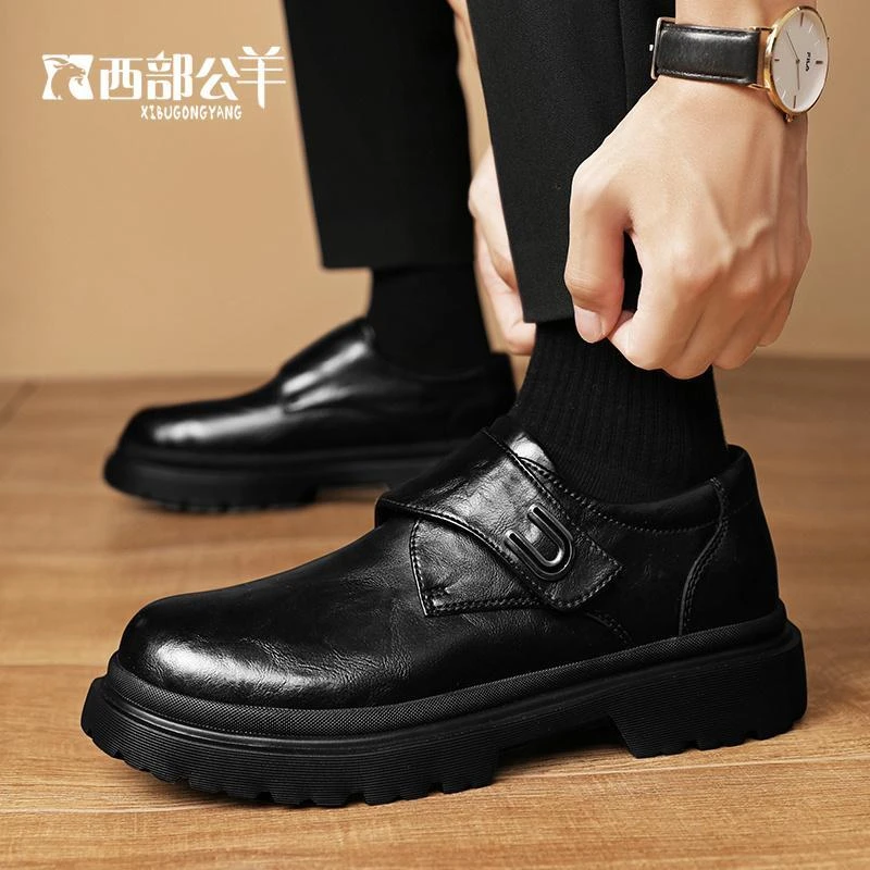 西部公羊男鞋秋冬新款商务真皮皮鞋男士英伦风厚底软底增高休闲鞋