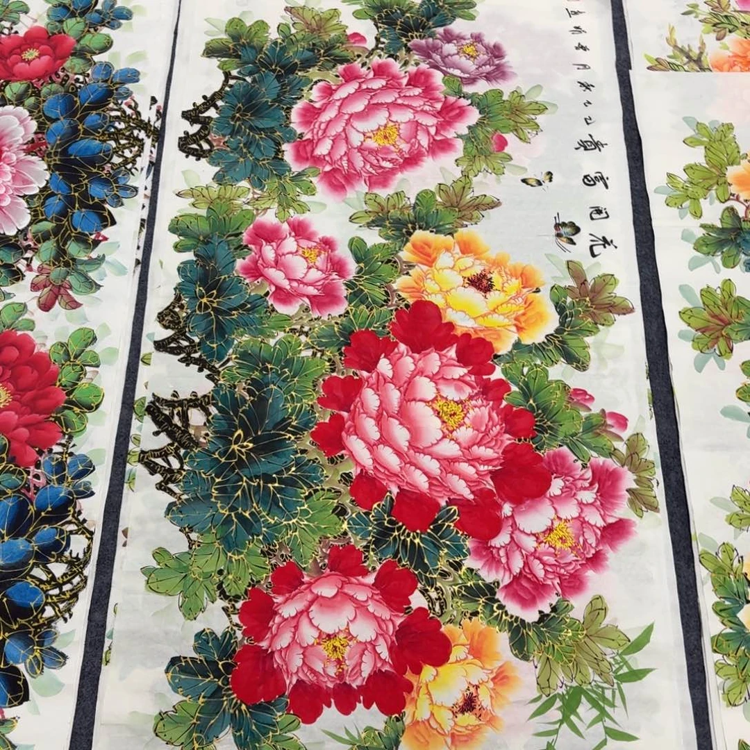 国画140×70千层金线牡丹手绘画画画