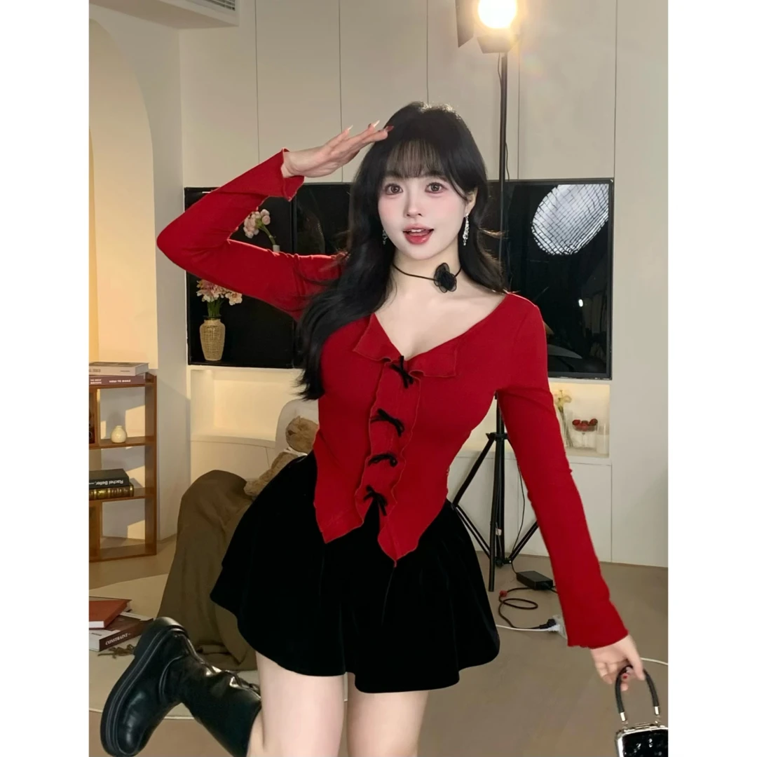 MengFairy清清【少女样本】蝴蝶结针织打底衫长袖显瘦内搭上衣 4292