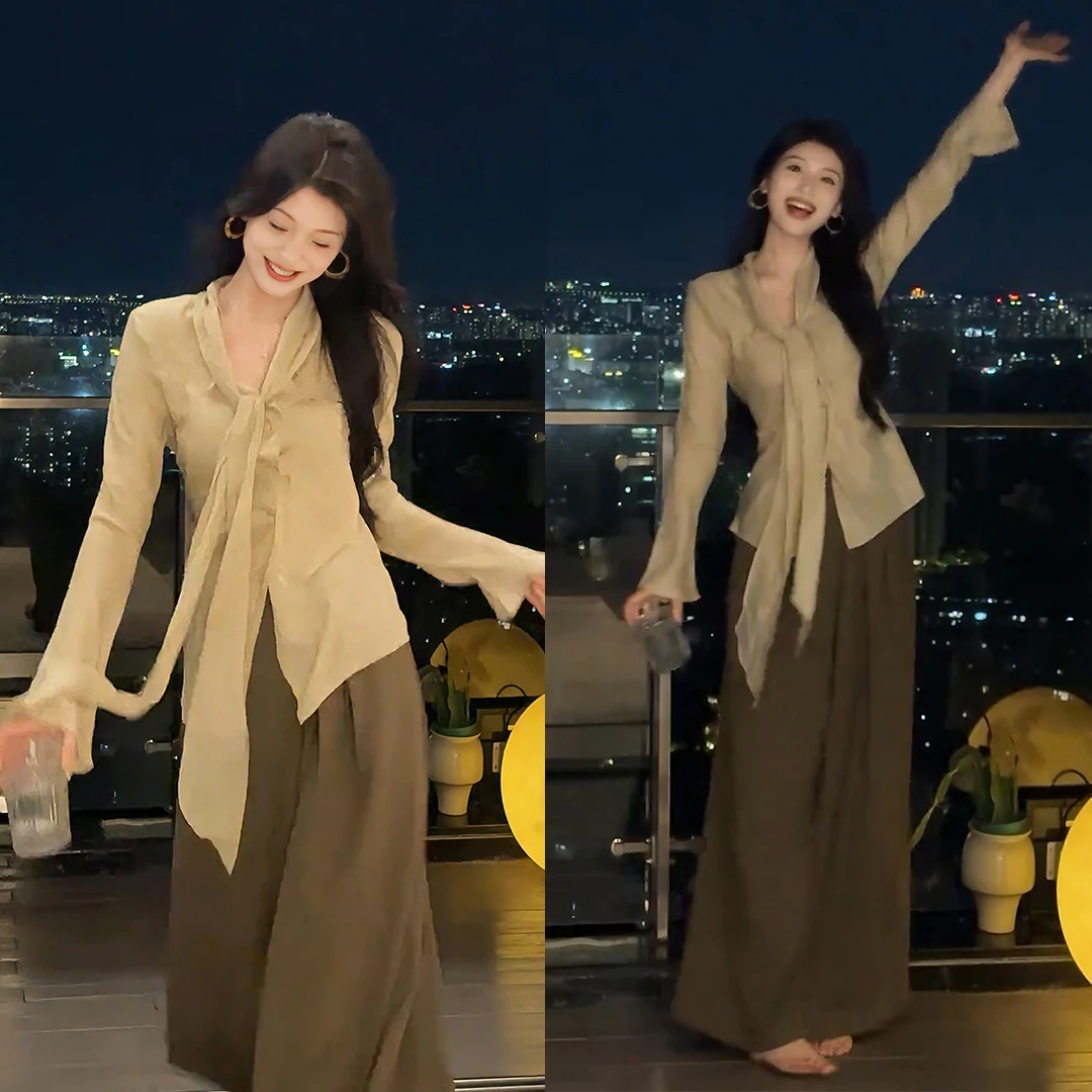 2025年秋季新款设计感交叉绑带收腰显瘦衬衫休闲阔腿裤两件套女