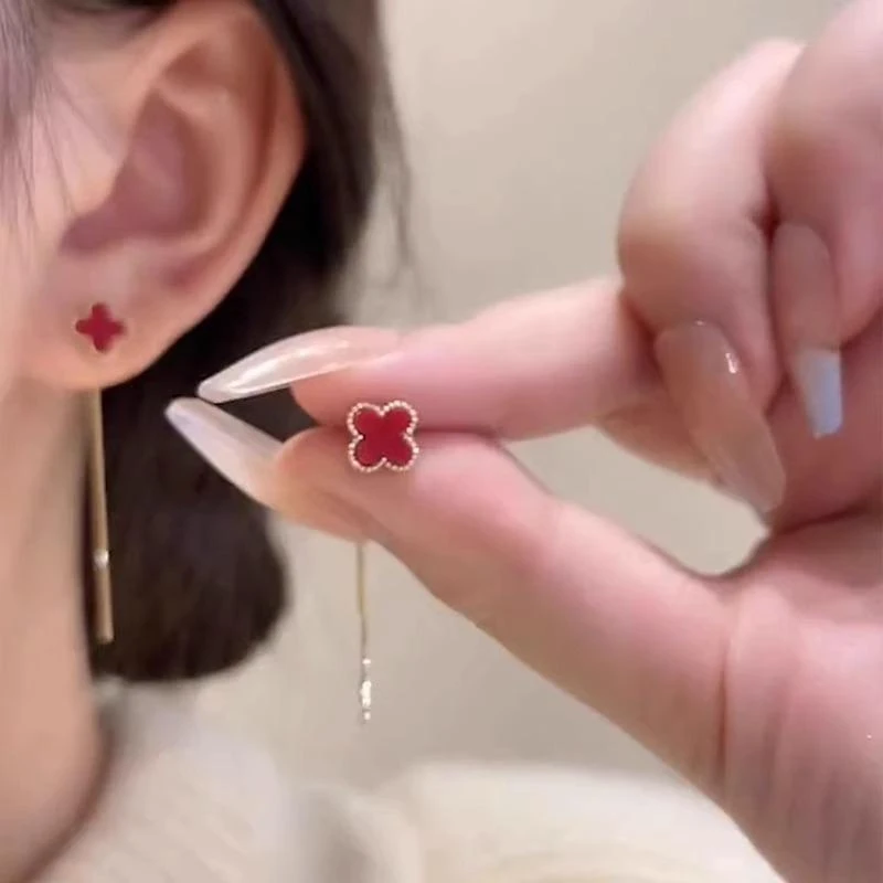 红色四叶草耳环流苏耳线黑色气质高级感2025新款爆款设计感耳饰女