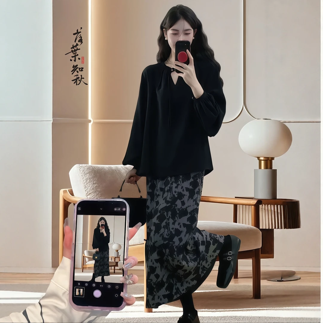 巨好看早秋穿搭新中式女装国风套装黑色上衣豹纹半身裙时尚两件套