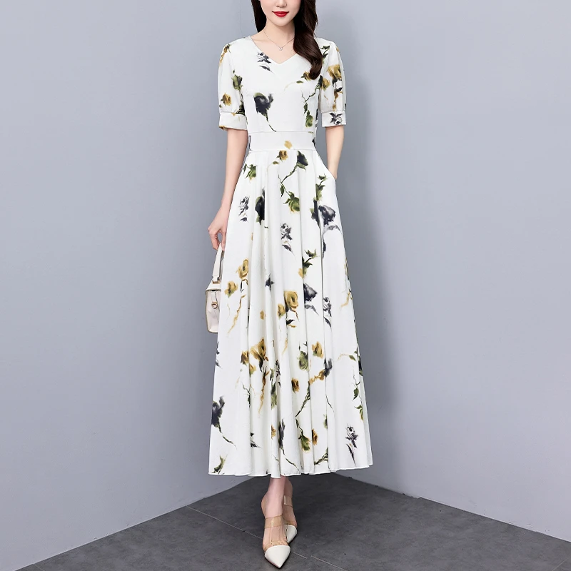 有口袋印花白色真丝连衣裙2025新款长款收腰显瘦仙女洋气质长裙夏