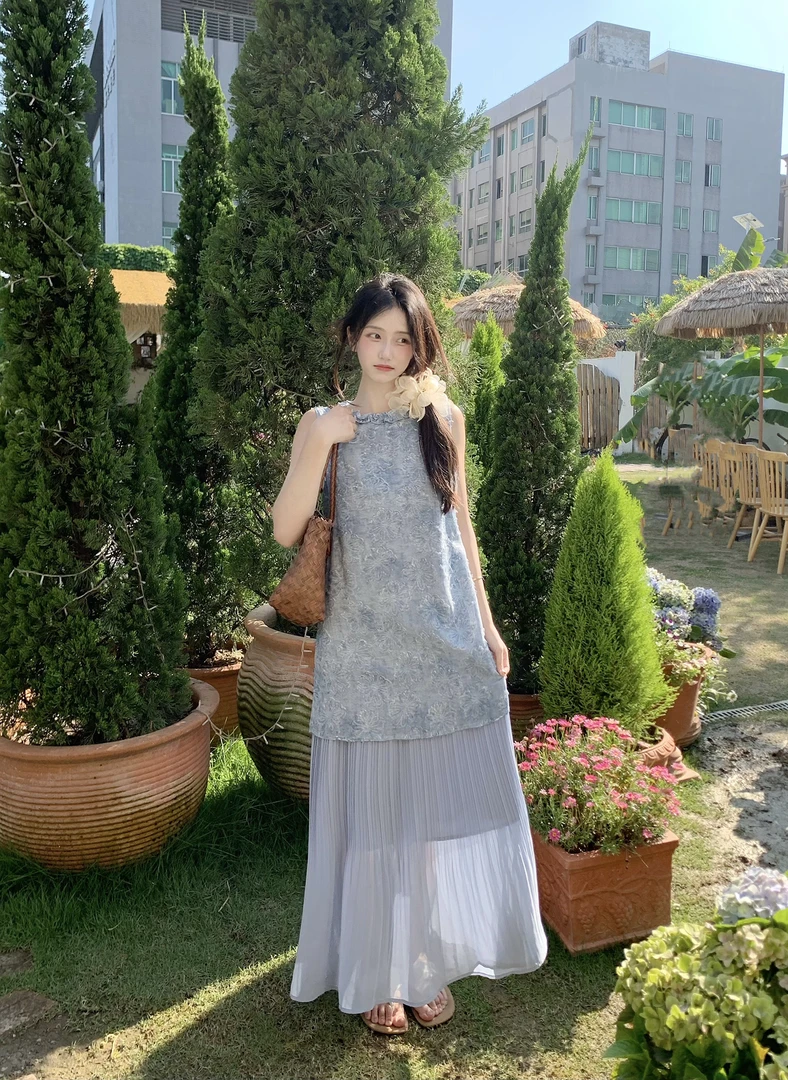 MeetYou私享 缪斯蓝调中长款假两件拼接提花背心连衣裙（No退No换）