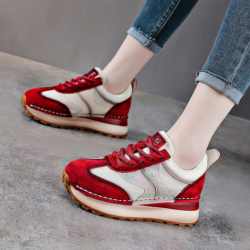 春秋新款头层牛皮阿甘鞋厚底老爹鞋真皮复古运动休闲鞋女士旅游鞋