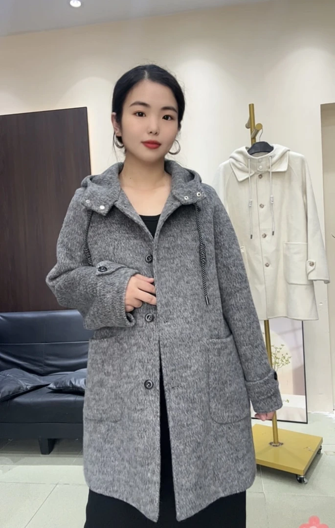 连帽纯色中长款羊毛呢双面毛呢外套时尚秋冬休闲减龄女士呢子大衣