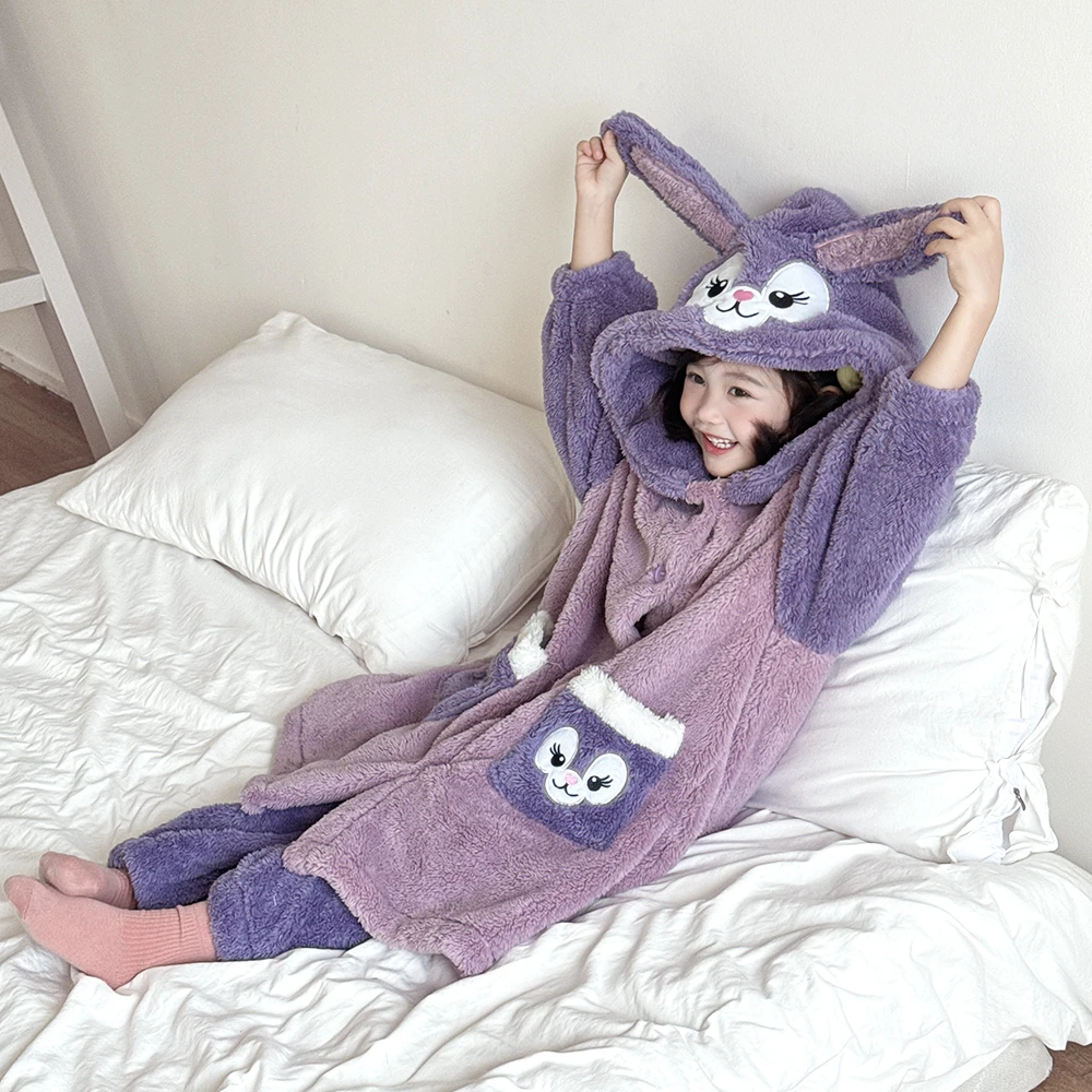 星黛露兔子睡袍女童秋冬季加厚珊瑚绒浴袍女孩儿童家居服外穿睡衣