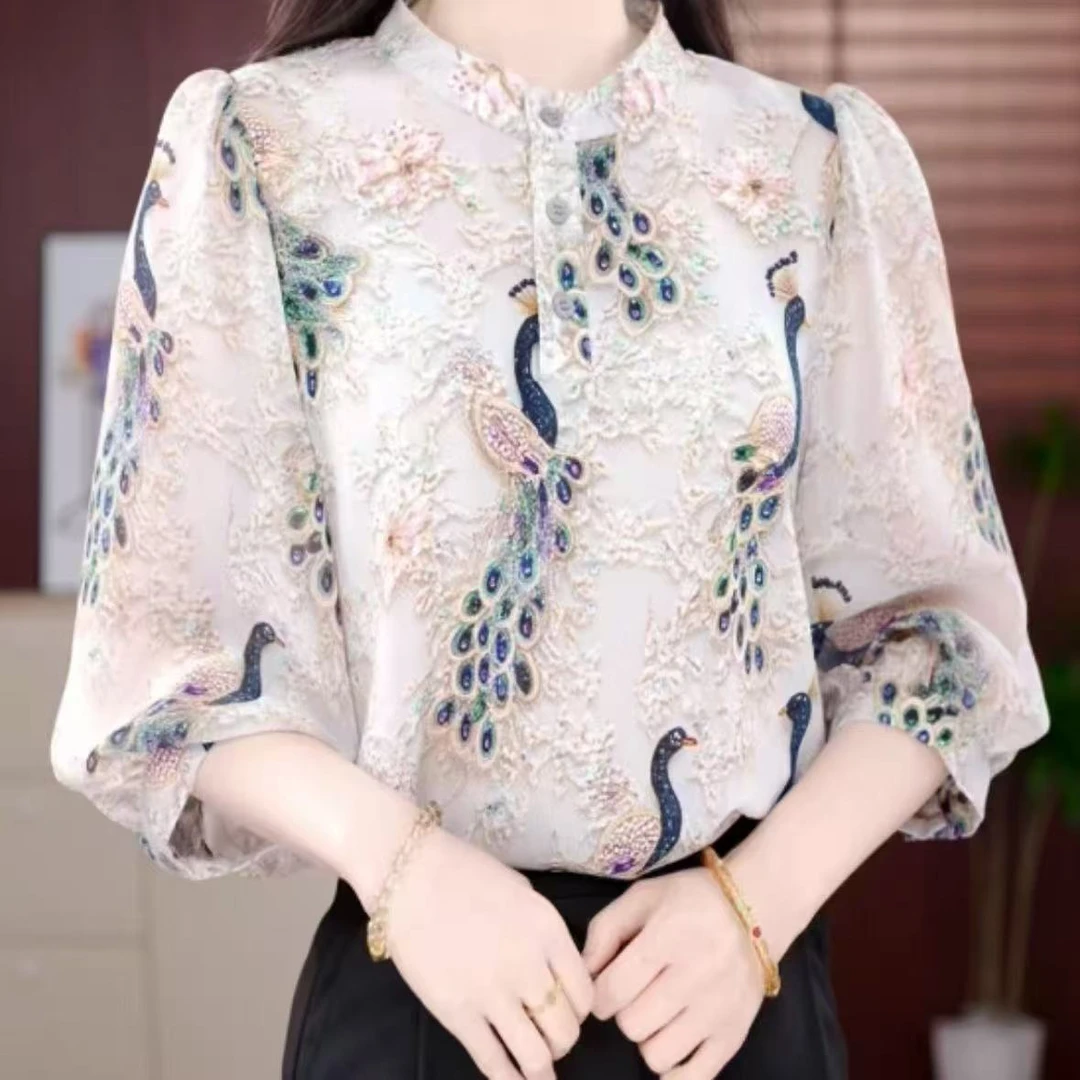 新中式凤凰于飞2025新款圆领气质小衫套头衬衫长袖时髦上衣