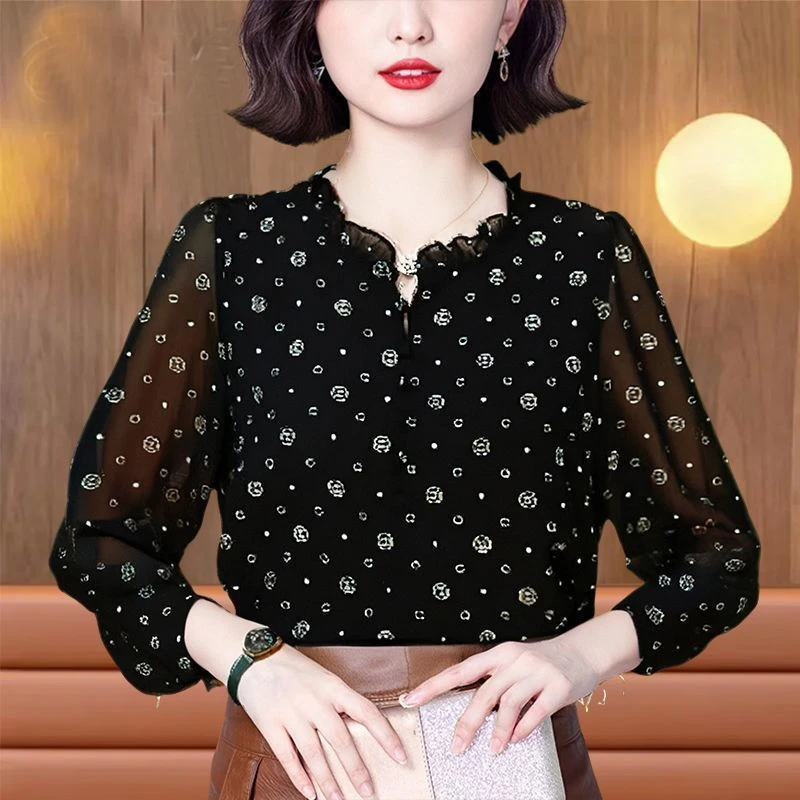 高档时尚衬衫女装洋气大方木耳边长袖上衣春秋款宽松洋气单穿小衫