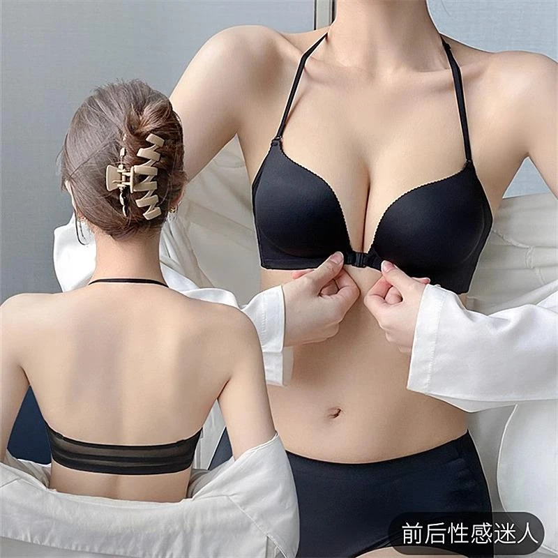 维多利亚挂脖美背露肩内衣女小胸聚拢显大无钢圈收副乳无痕前扣性