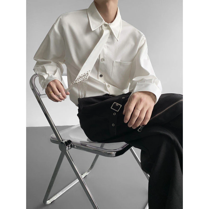 小众设计感流苏领带铆钉衬衫男士秋季高级感宽松廓形简约长袖衬衣