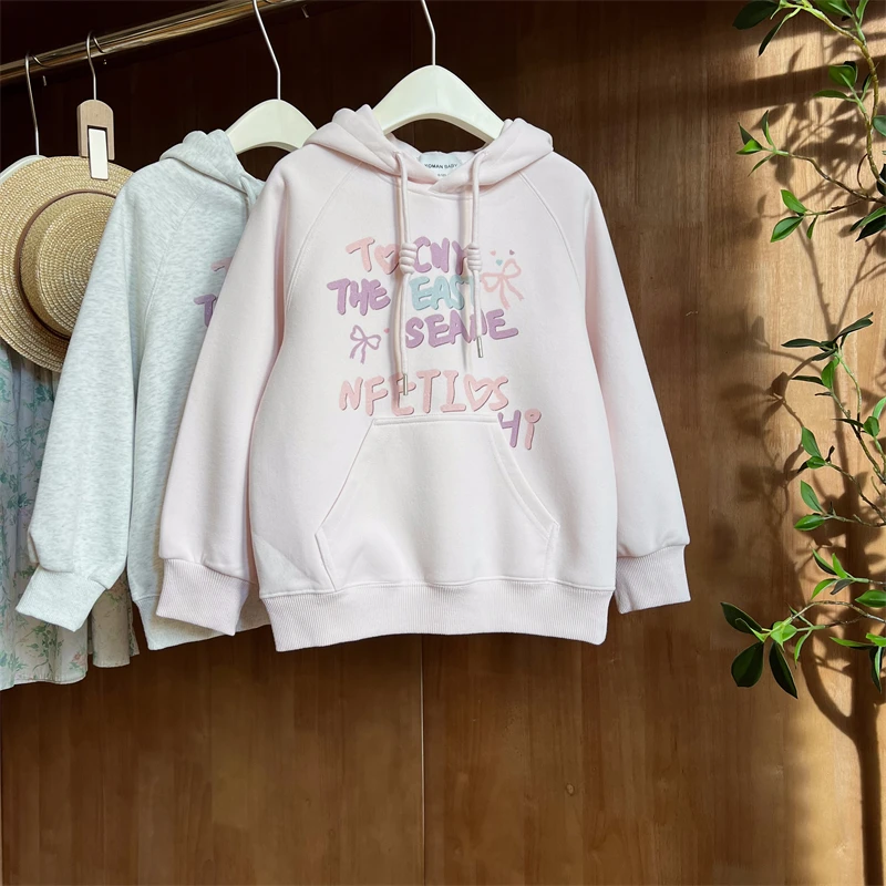 现货【软糖】80棉3081春装长袖女童洋气韩版宽松百搭连帽卫衣上衣