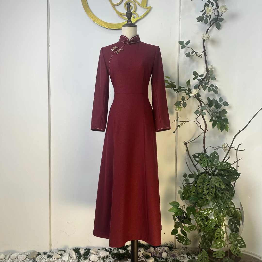 祺玉［］中国风旗袍气质优雅中式秋冬中长款旗袍裙加厚长袖冬款