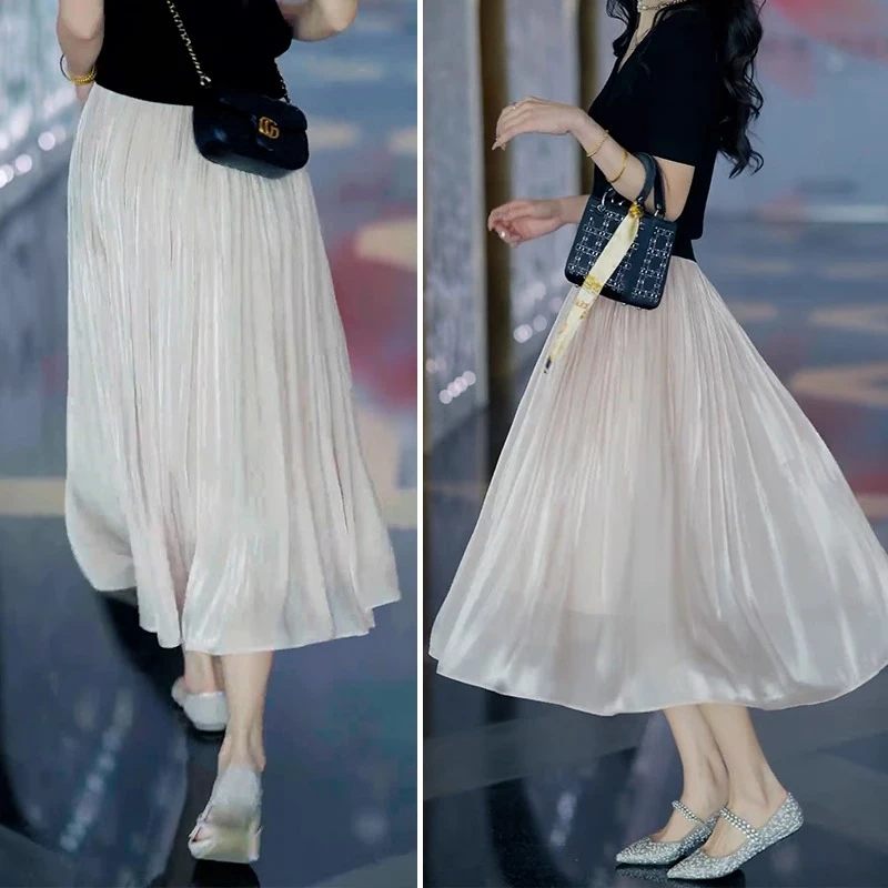La babite 高级流光纱半身裙女春夏琉璃纱大摆中长垂感a字百褶裙