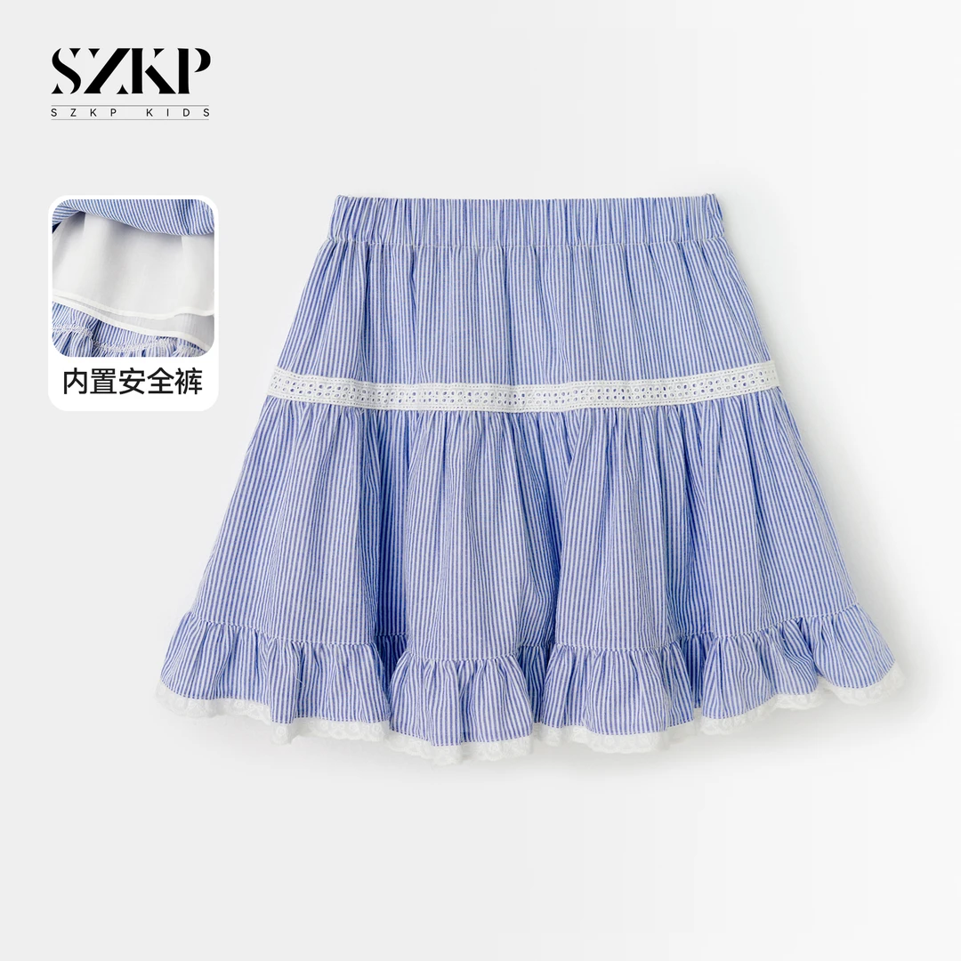 【SZKP】蕾丝下摆拼接条纹纯棉半身裙女童夏季儿童短裙BGQX550510