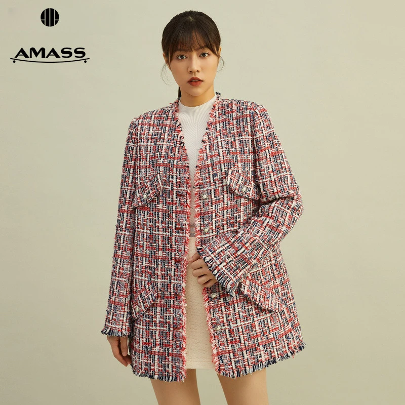 阿玛施AMASS新款女装复古奇幻时尚花呢千金小香风V领外套5400601