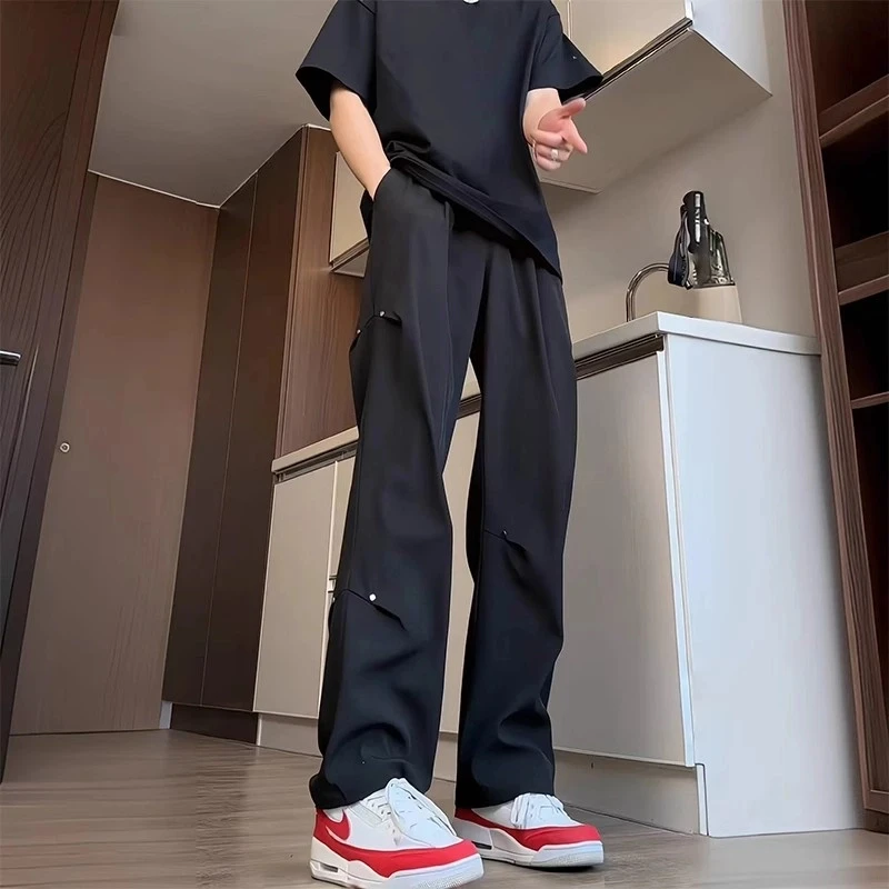 黑色冰丝铆钉西裤夏季薄款高级感cleanfit裤子休闲痞帅直筒微喇裤