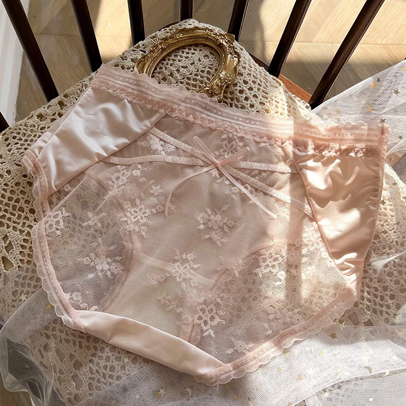 缎面交叉～结纯欲｛80-130斤）（3条）刺绣印花网纱性感中腰内裤3048