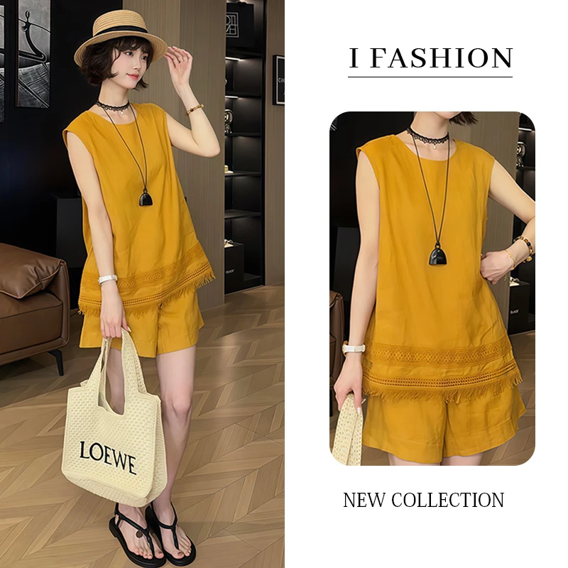 休闲减龄宽松显瘦套装女2025年夏季新款流苏无袖上衣短裤两件套潮