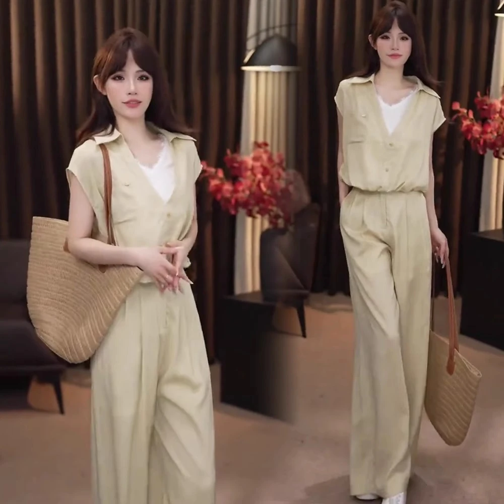时尚套装女2025夏季新款洋气减龄假两件拼接短袖衬衫阔腿裤两件套