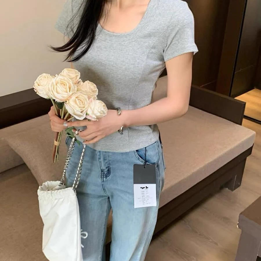 2035 纯欲交叉蕾丝短袖t恤女夏新款打底衫-衣长56