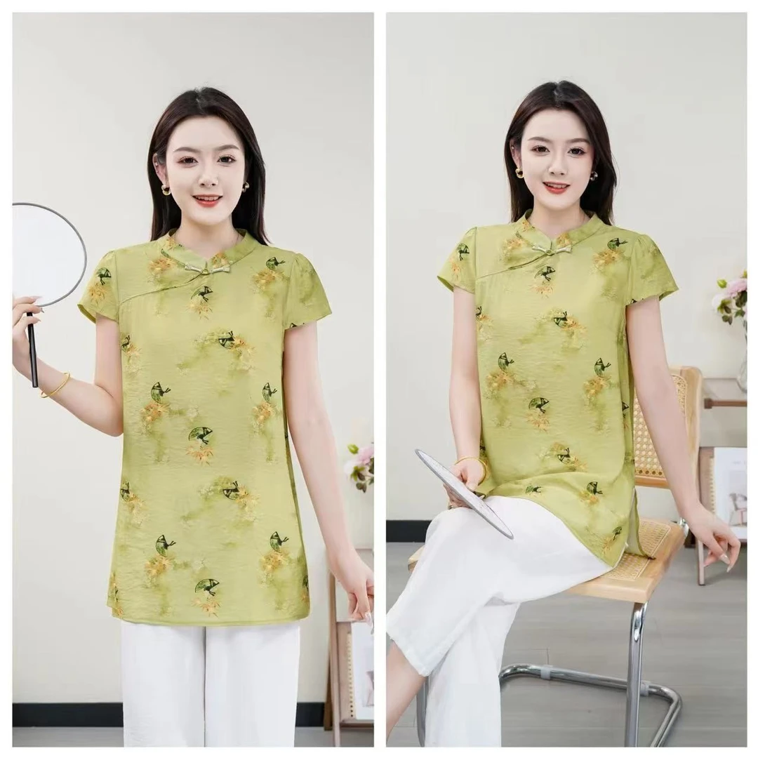 夏季短袖上衣女外穿中式盘扣改良旗袍国风时尚2025新款女士T恤衫