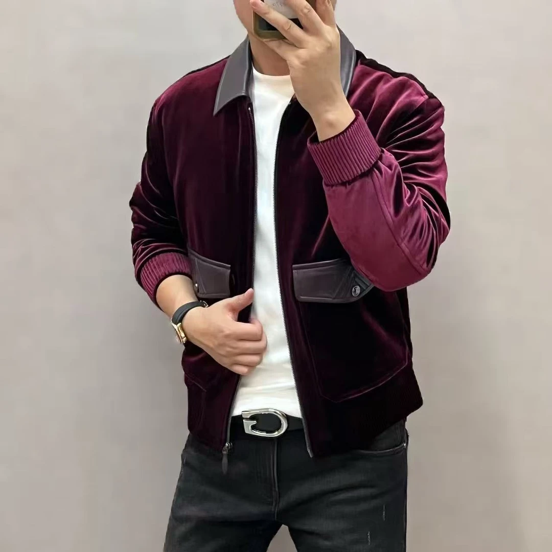 新款高端男士时尚轻奢拼接翻领法式复古夹克8013