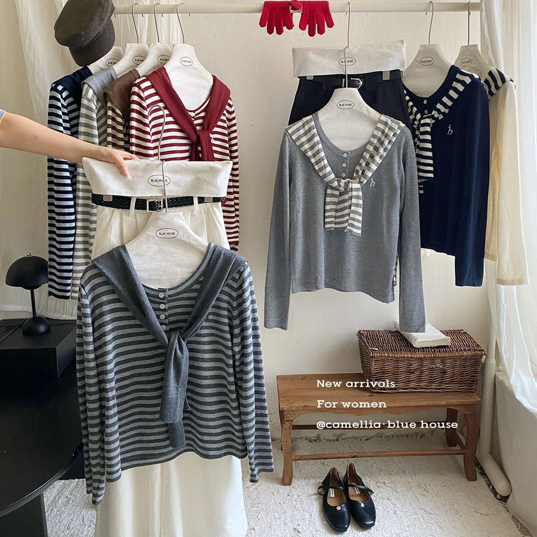 韩国软糯小刺绣条纹针织开衫女秋简约气质配披肩休闲外搭上衣