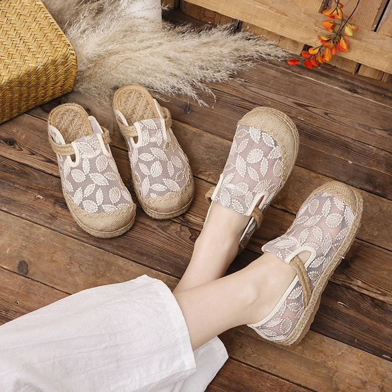 {秋叶}2025夏季网纱复古刺绣民族风绣花欧根纱透气单鞋复古软面米