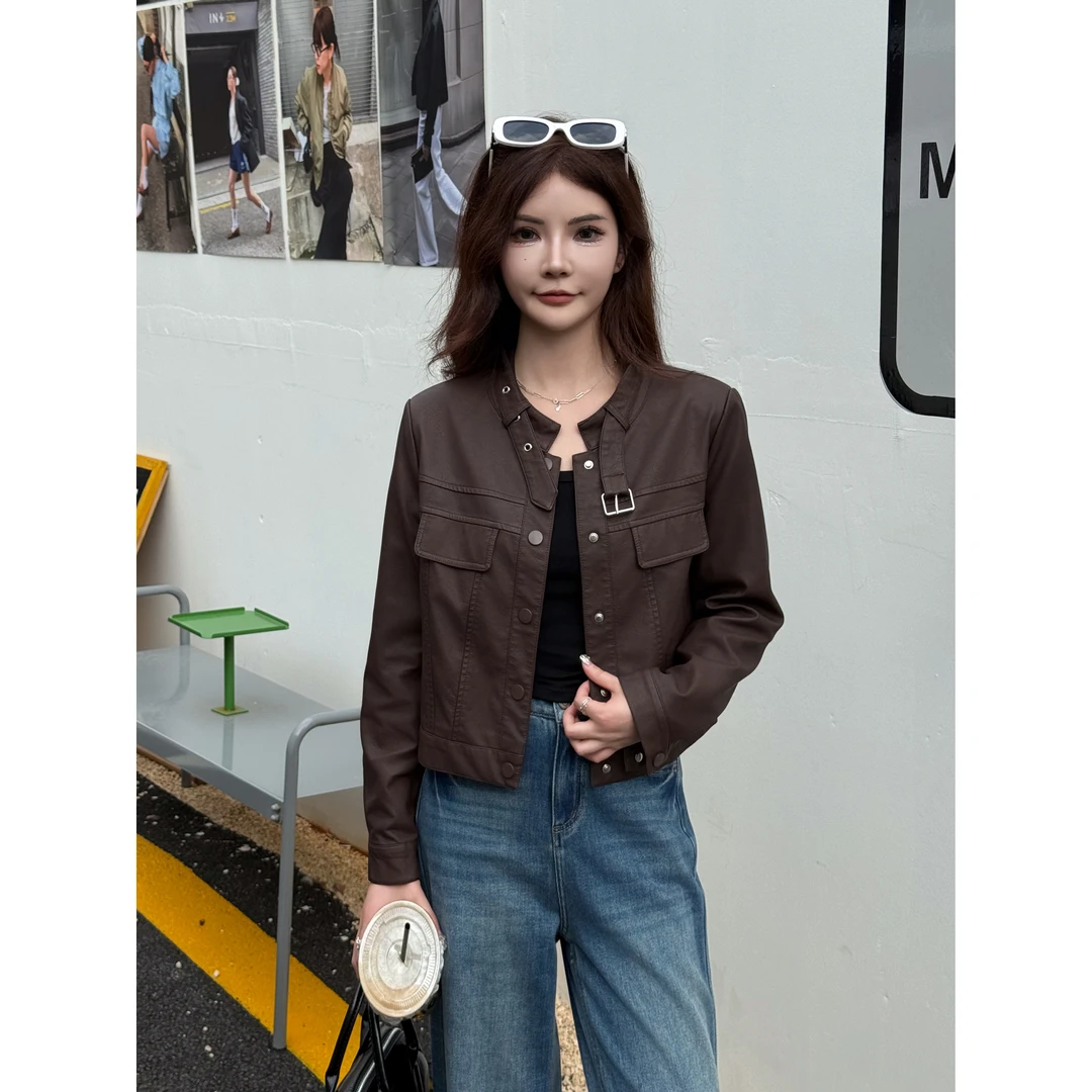 美拉德咖色皮衣外套女短款立领机车服夹克秋款2025新款韩系复古