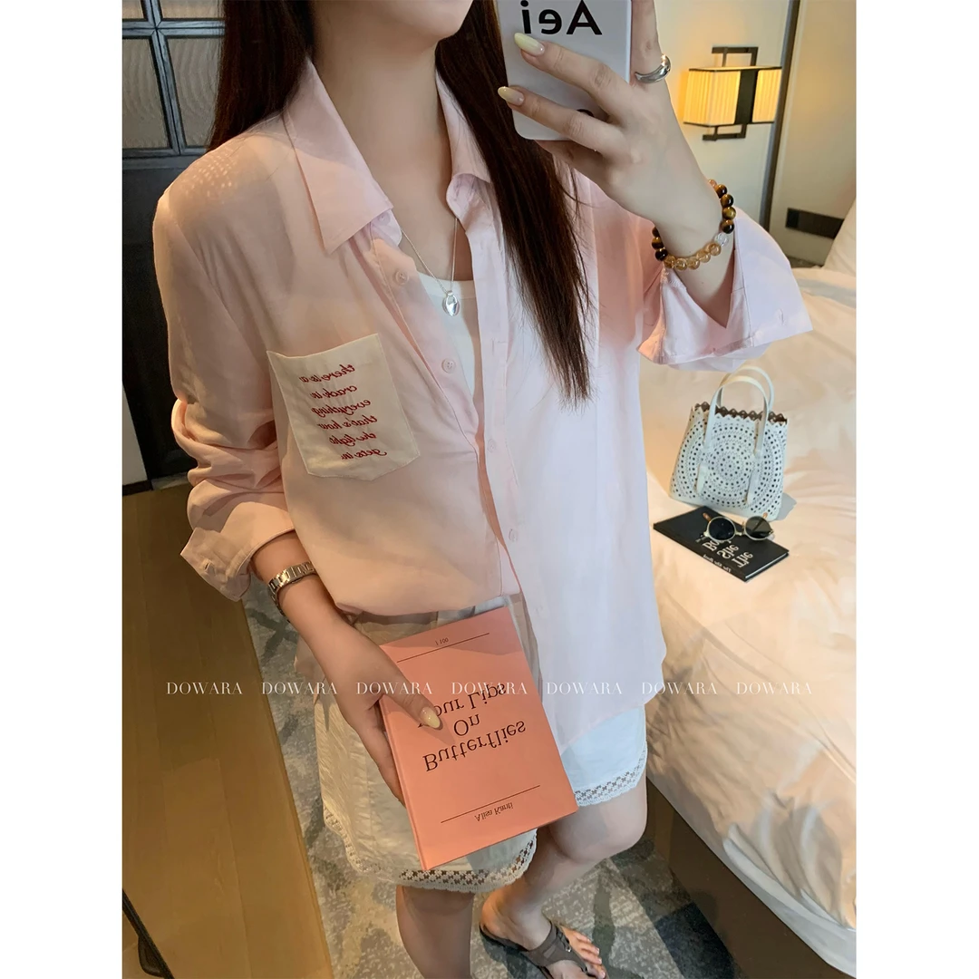 现货大婉酱微胖定制韩版亚麻气质粉色衬衫女夏季高级感上衣 9692D
