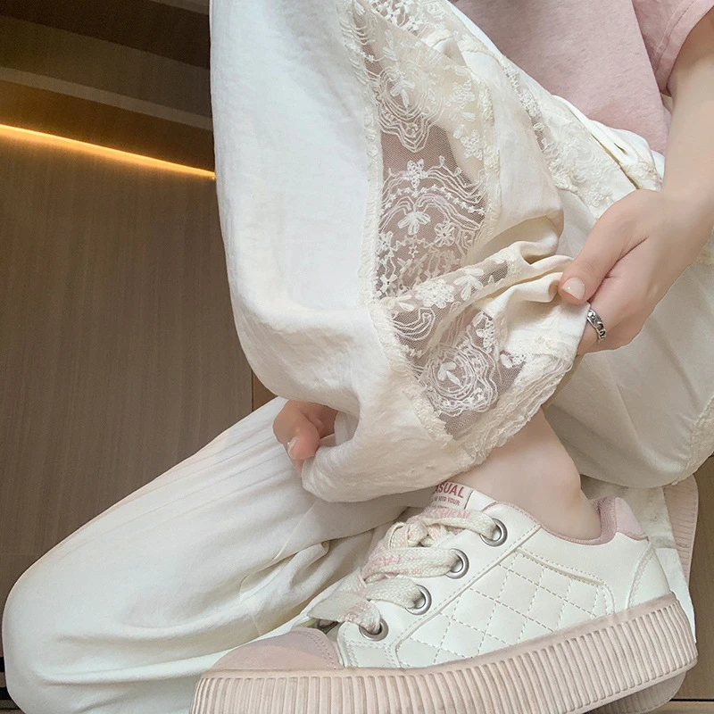 镂空蕾丝钩花阔腿裤女2025夏季新款高腰宽松休闲设计感白色直筒裤