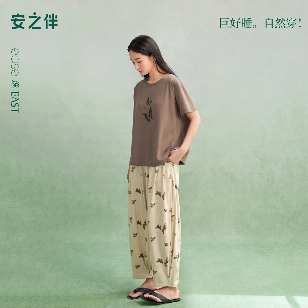 安之伴【巨凉感】带胸垫睡衣女套装夏季纯棉宽松女士可外穿家居服