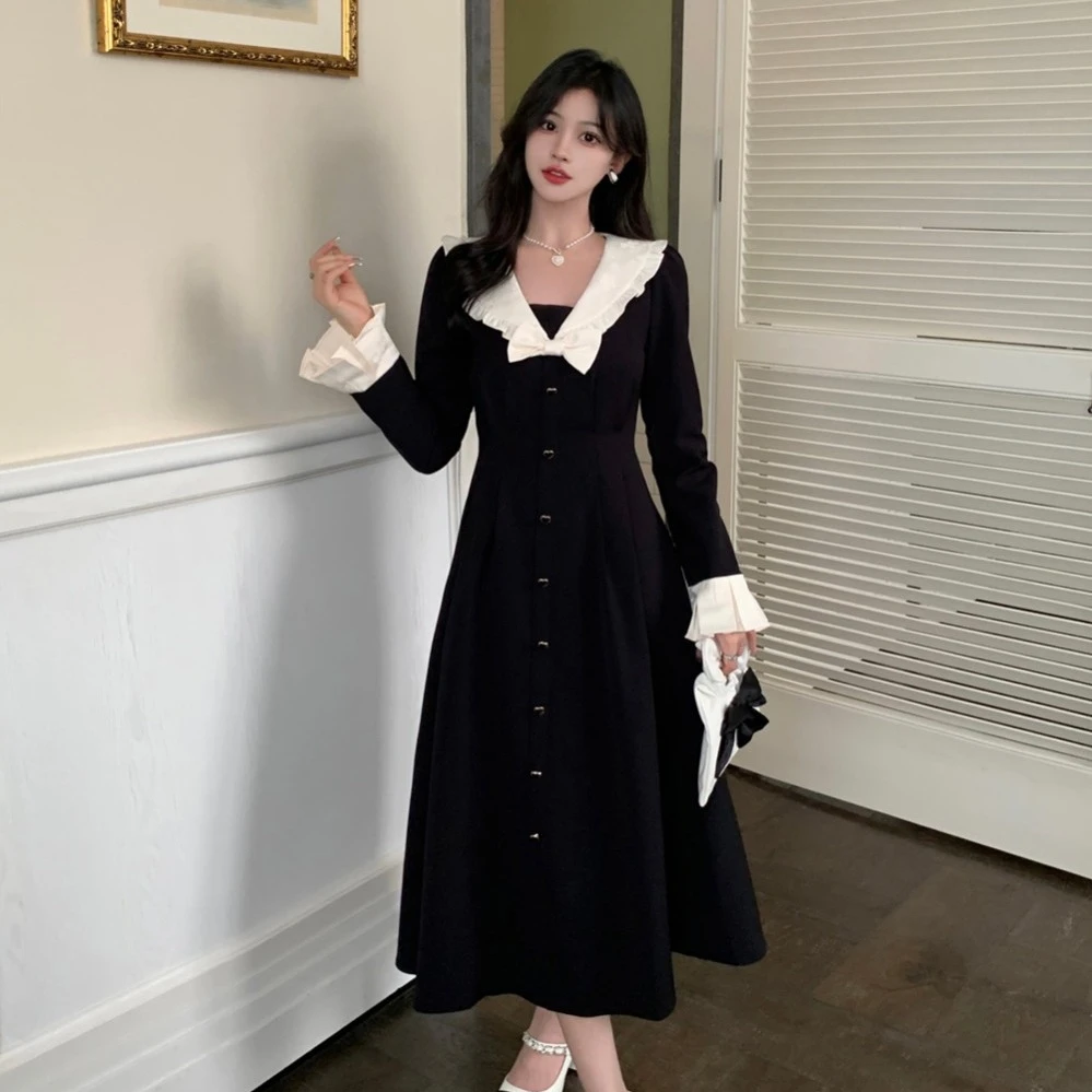 大码女装赫本风黑色娃娃领甜美连衣裙女