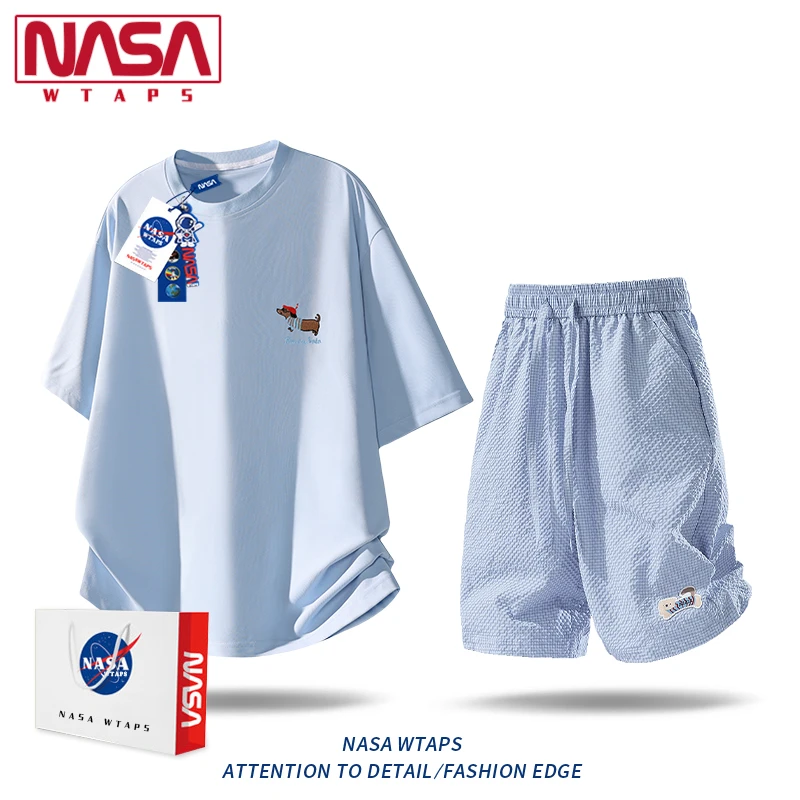 NASA WTAPS冰丝速干短袖T恤套装男夏季腊肠狗刺绣潮流运动两件套