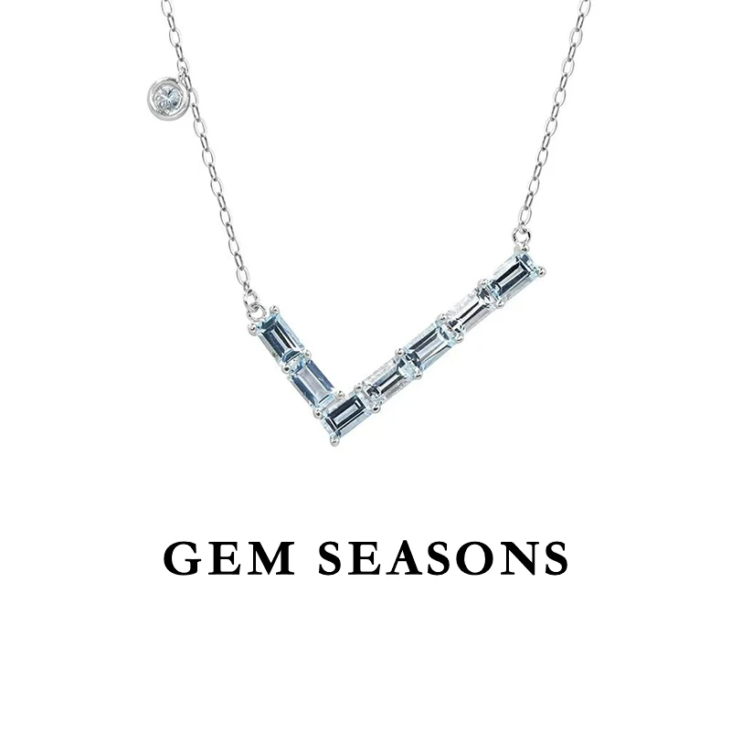 GEM SEASONS天然海蓝宝吊坠项链 勾号设计师款长方切排镶简约时尚