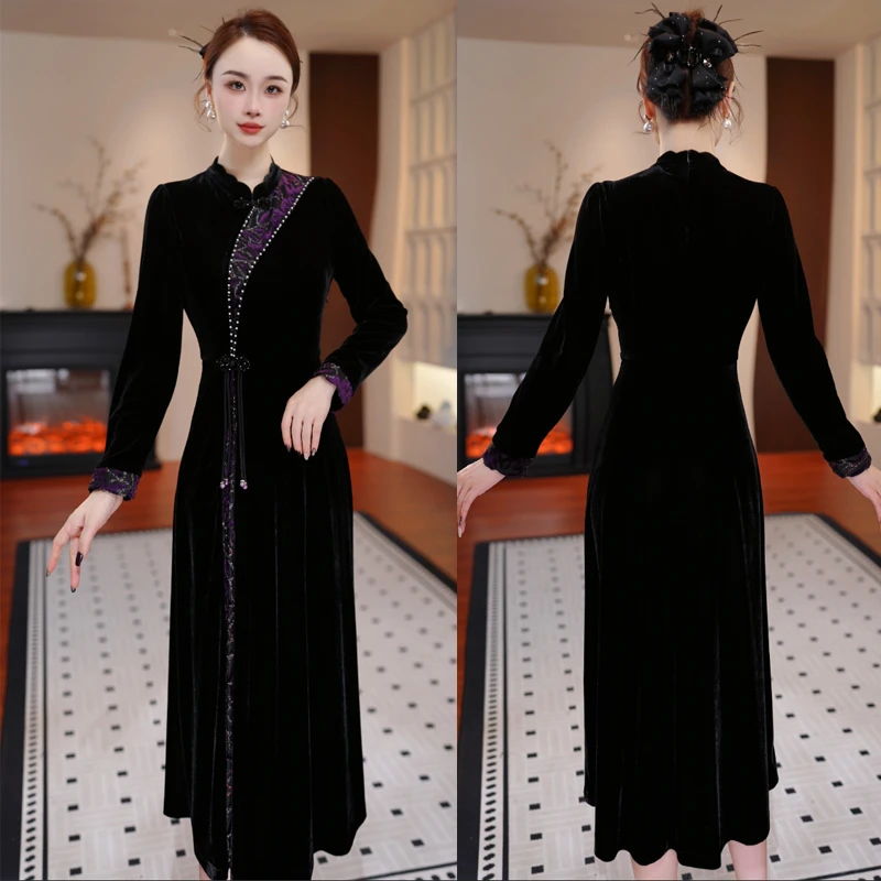 【紫色风铃】2025秋季新款旗袍显瘦洋气减龄轻奢女人味黑色连衣裙