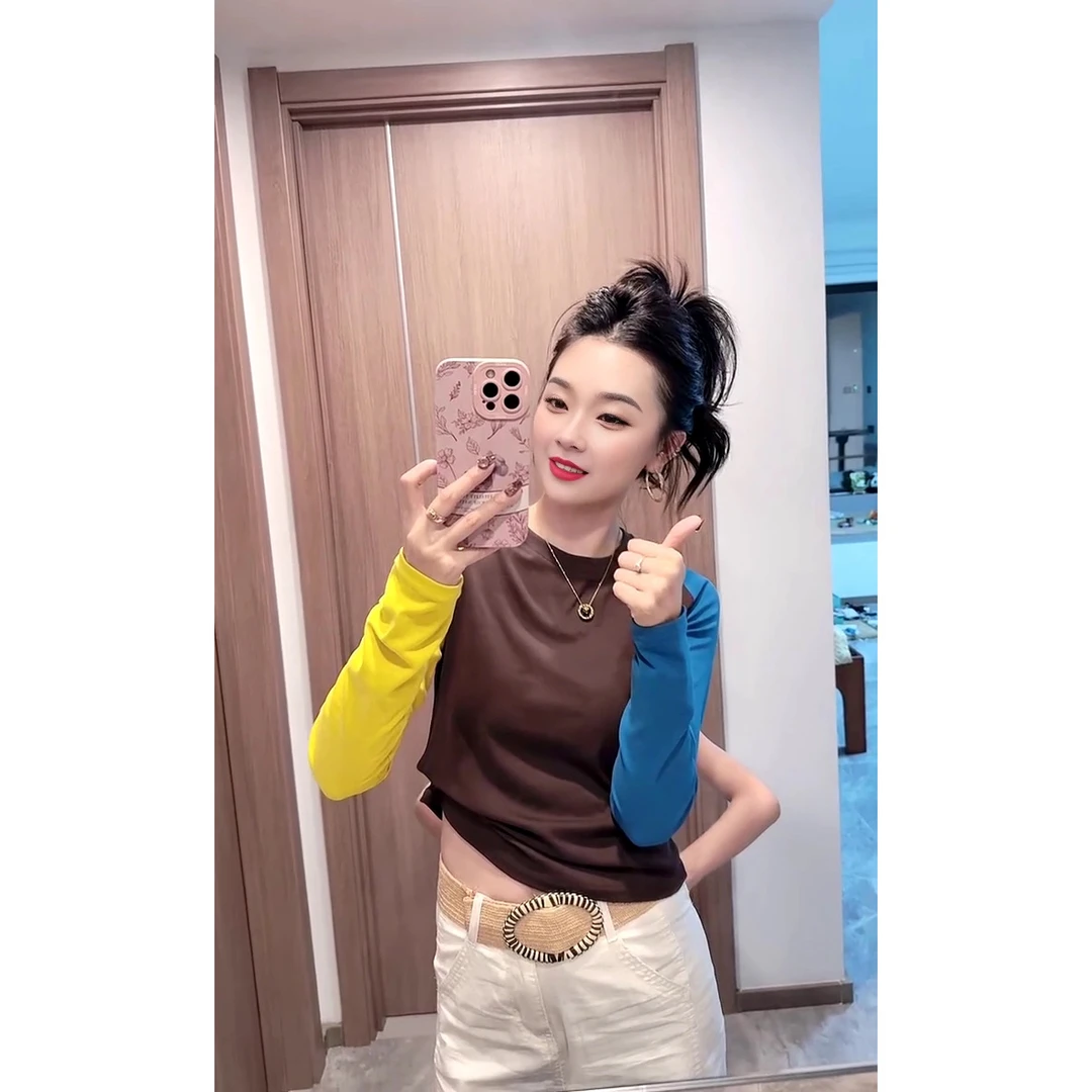 欧洲站2025早秋穿搭复古撞色拼接打底衫女百搭设计感圆领长袖上衣