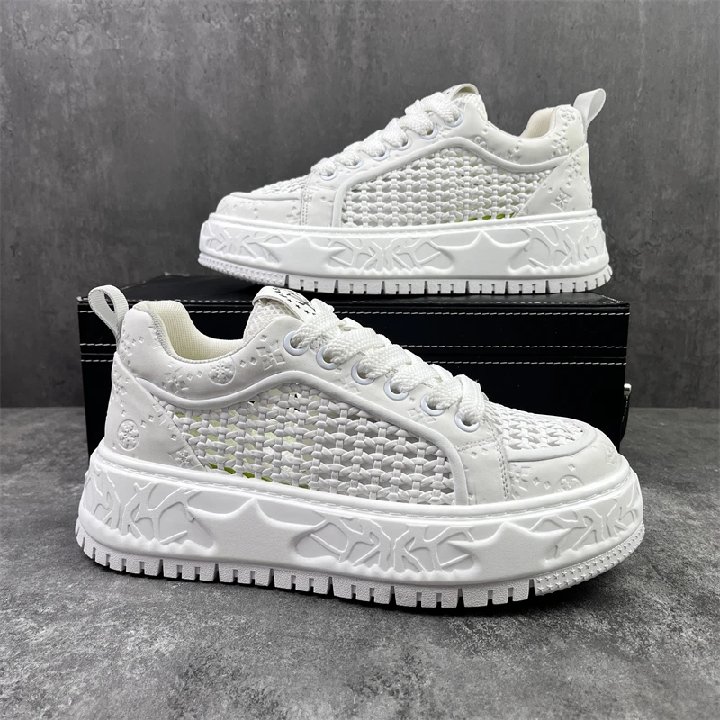 夏季新款时尚百搭板鞋透气厚底增高小白鞋复古擦色男士运动休闲鞋