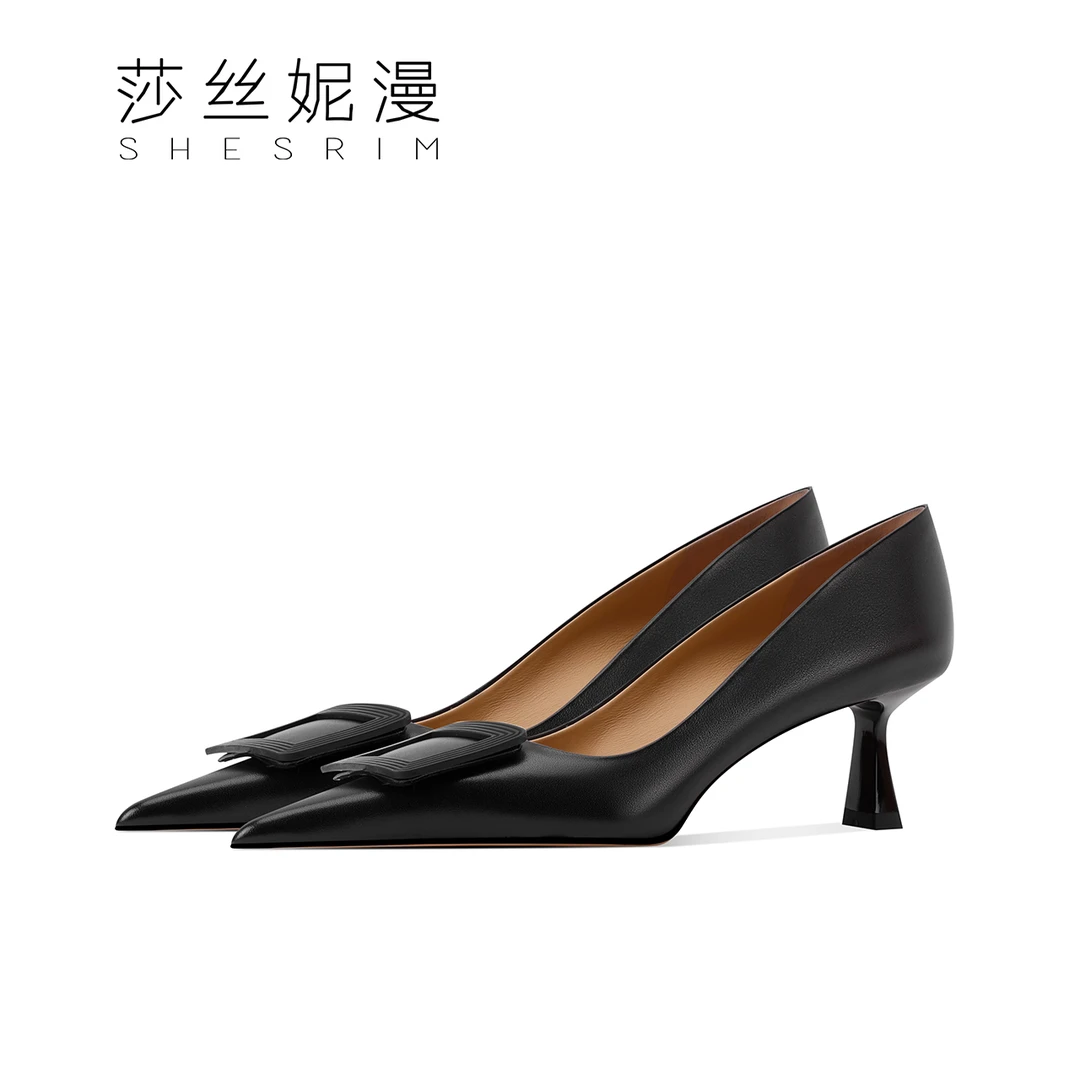 软皮不累脚高跟鞋女2025年新款网红法式尖头方扣细跟浅口工作单鞋