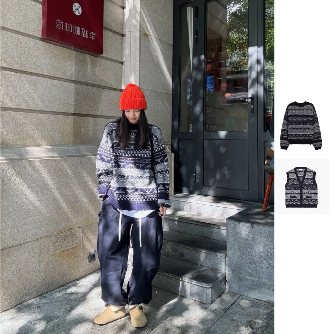 ETHOR  25冬季新品 藏青色复古花卉提花针织毛衣/提花针织马甲