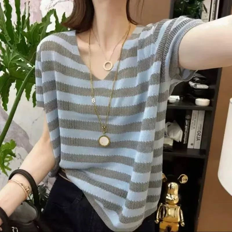 LB有运费补贴~蓝灰条纹V领时尚休闲复古镂空天爽亚麻上衣
