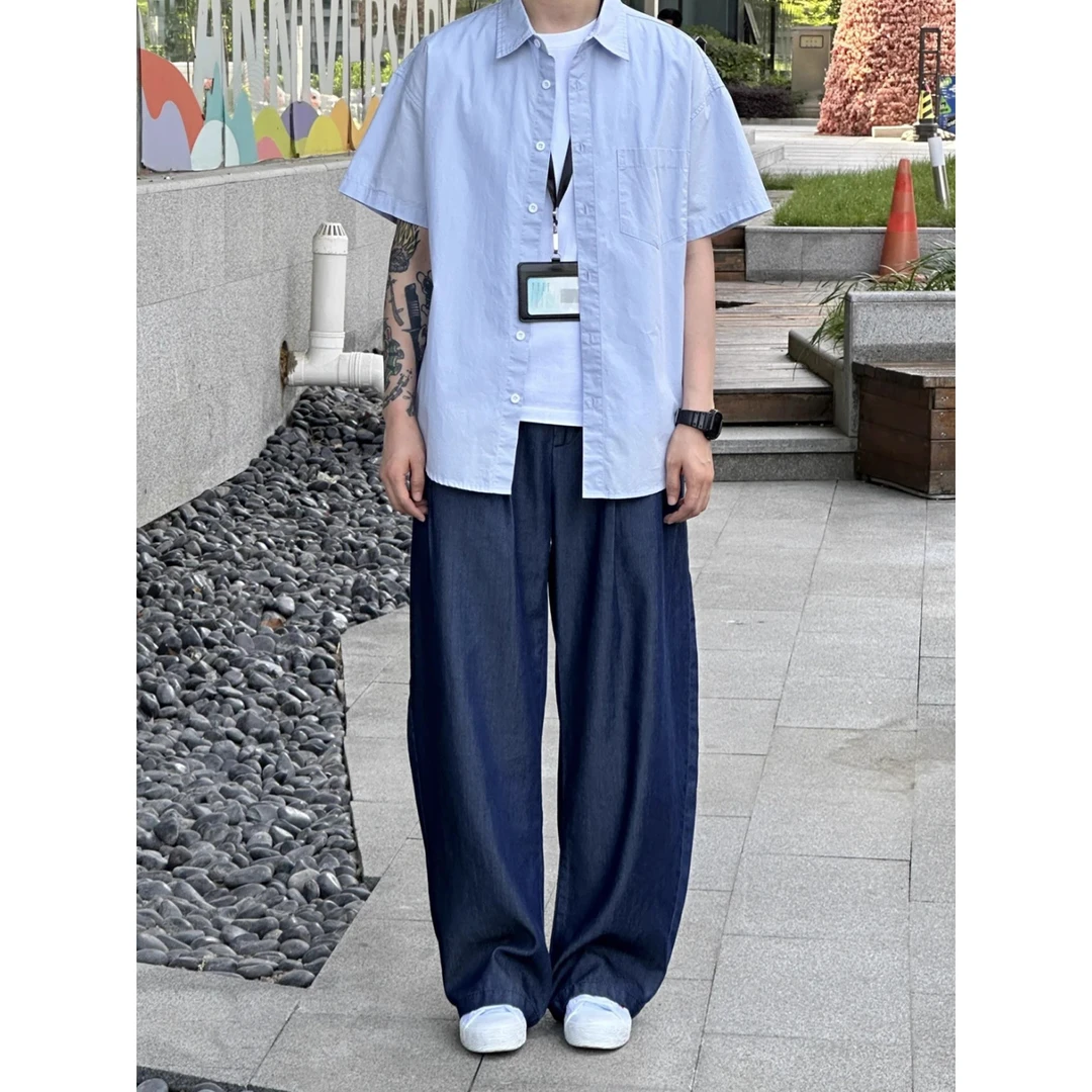 藏青色莱赛尔天丝软牛仔裤男生夏薄款阔腿冰丝裤子宽松垂感直筒裤