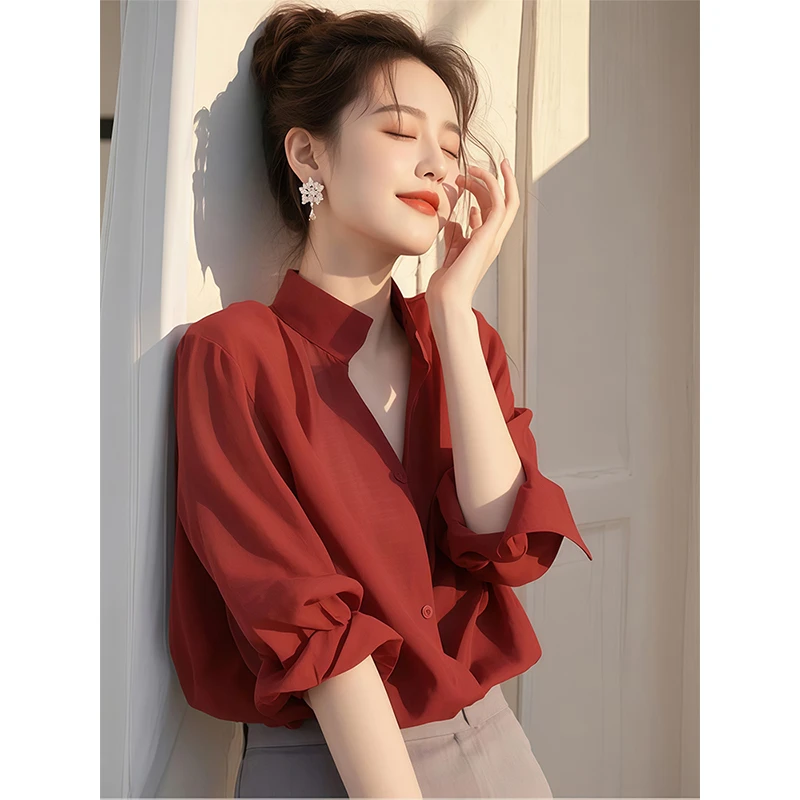 红色雪纺衬衫春装女2025新款爆款小衫高级感独特漂亮气质长袖上衣