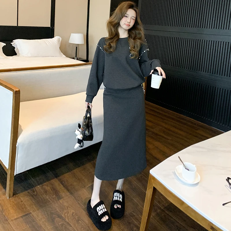韩系穿搭一整套女2025春秋洋气减龄灰色卫衣半身裙时尚气质两件套