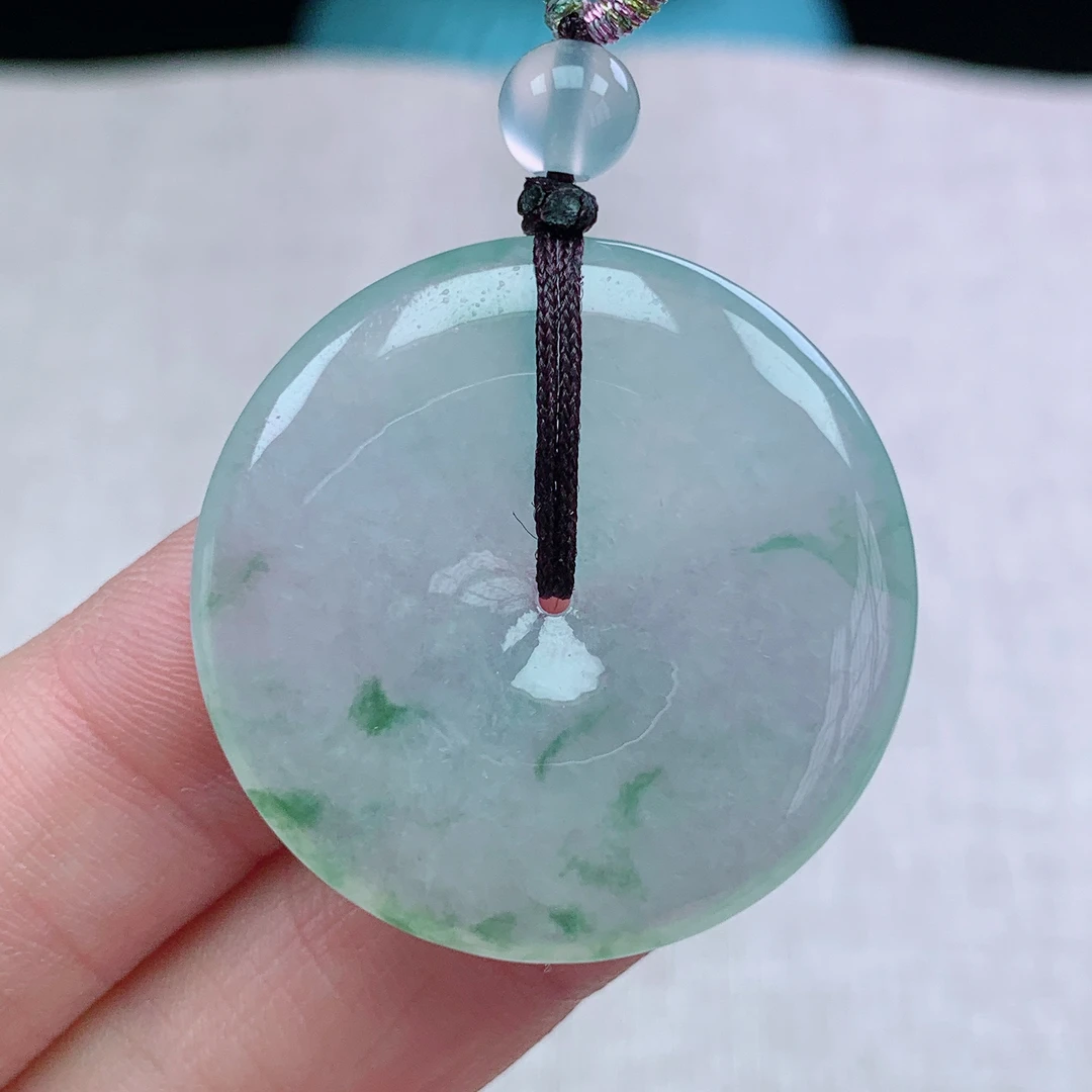 y缅甸天然翡翠A货32.9-5.7玉石冰种飘花平安扣吊坠礼物平安无事