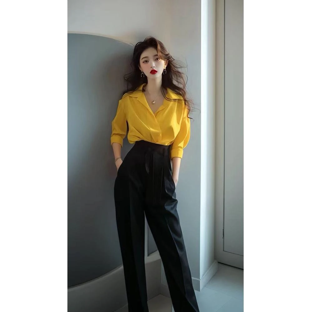 法式轻奢黄色长袖衬衫女高级设计感小众早春独特绝美上衣裤子套装