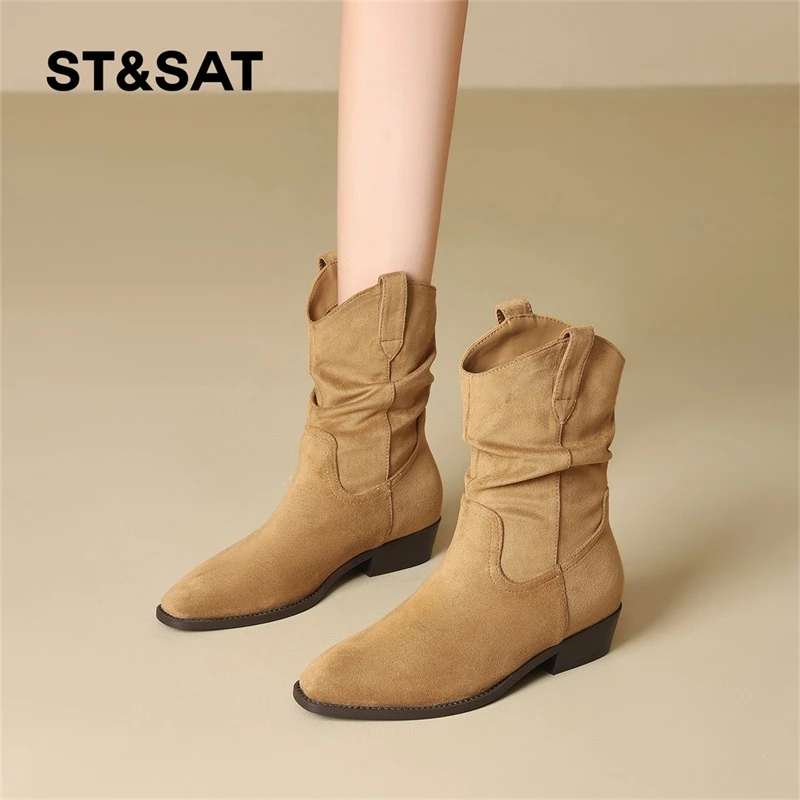 星期六复古西部牛仔靴女2025秋冬新款堆堆靴粗跟骑士靴套筒马丁靴